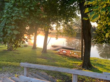 Pond dock with picnic tables